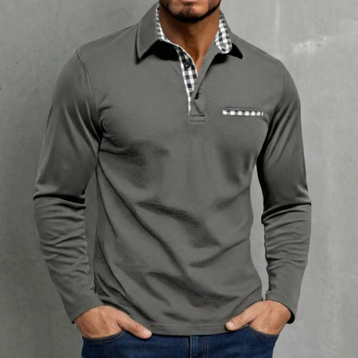 MASON | Long-sleeve polo with checked accents